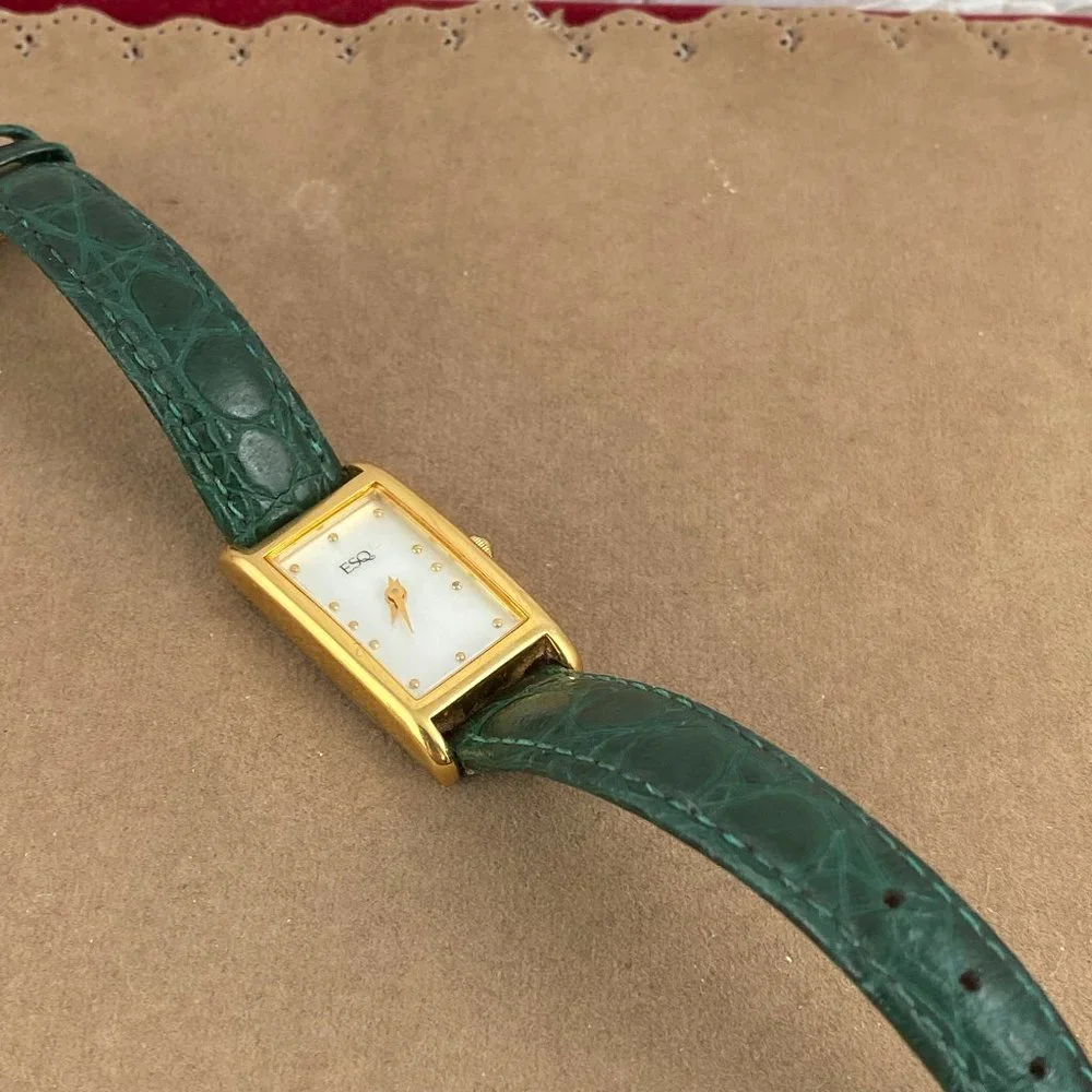 Vintage Gold Movado Esquire Small Swiss Tank Watch Green Strap - Picture 4 of 6
